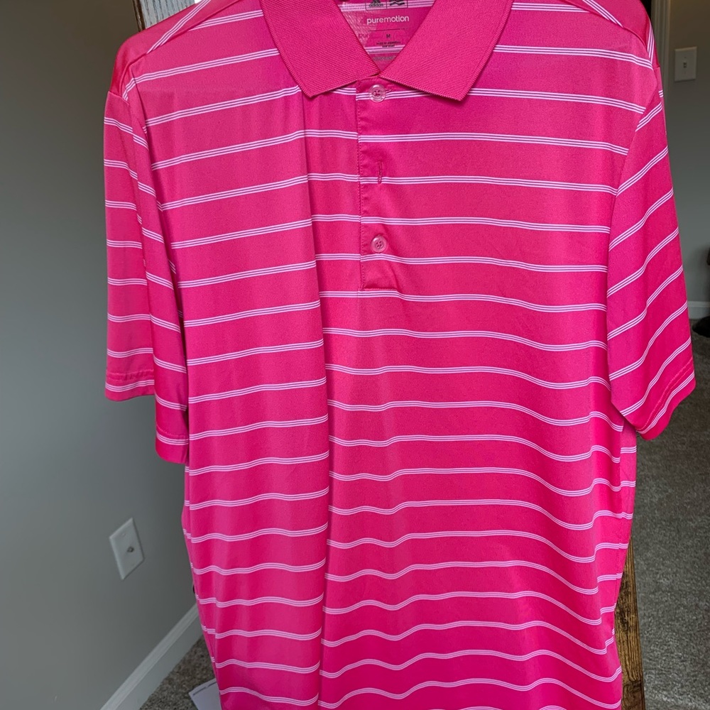 Pink & white striped Adidas Sunnehanna polo